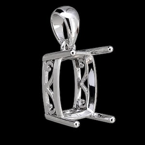 May include: A polished silver-toned metal pendant setting featuring a rectangular frame with openwork scroll details on the sides. The setting includes four prongs at the corners for securing a gemstone and a large, smooth, rounded bail at the top.