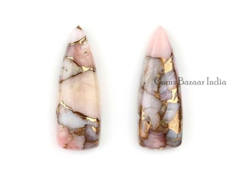 Pink Opal Copper Long Trillion 10x28mm Flatback Gemstone Calibrated Cabochon, Loose Beads For Jewelry Earring Making Stones 2 Pcs Set