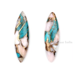 May include: Two teardrop-shaped turquoise, pink, and gold gemstone cabochons. The cabochons are approximately 2 inches long and 1 inch wide.