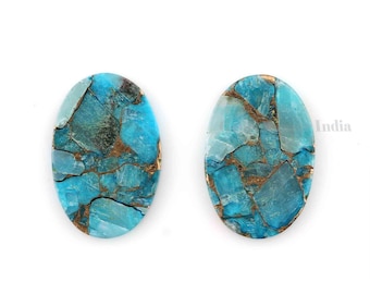 Blauwkoper turkoois edelsteen: ovale platte stenen, sieraden maken (2 stuks)