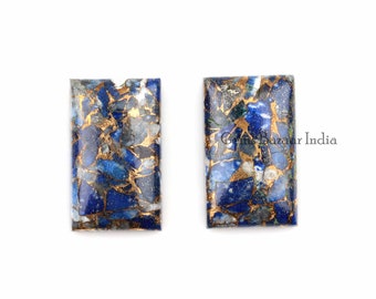 12x20mm Bleu Lapis Lazuli Cuivre Rectangle Cabochons Pierre Précieuse| Perles lâches calibrées lisses à dos plat pour bijoux 2 Pcs Set Toutes les tailles