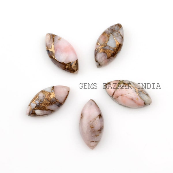 Pink Opal Copper Long Marquise Shape Flat Back Gemstone, Loose Beads Smooth Calibrated Cabochons Stone For Jewelry Set 5 Pcs Wholesale Lot