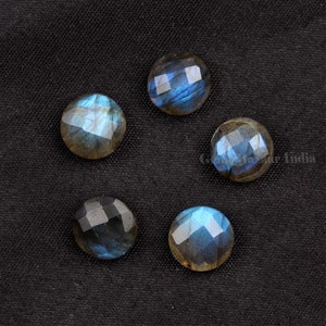 Blue Fire Labradorite Round Shape Faceted Gemstone, Loose Beads Flat Back Stone For Jewelry Earring Ring Pendant 12mm Size 5 Pcs Set