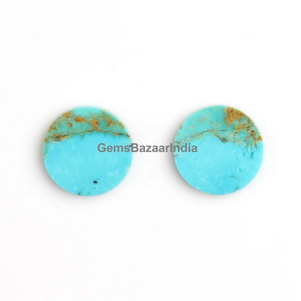 Natural Arizona Turquoise Round Coin Shape Both Side Flat Gemstone, Calibrated Stone For Jewelry Making, Loose Beads Earring Pair 2 Pcs Set