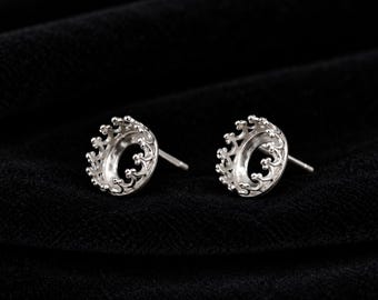 8x6mm Oval Stud Earrings, Sterling Silver Crown Studs, Ornate Earring Findings, DIY Jewelry