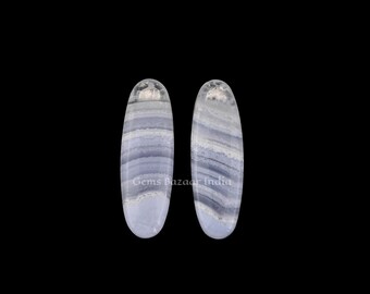 Natural Blue Lace Agate 10x30mm  Long Oval Shape Flat Back Cabochon Gemstone, Smooth Calibrated Jewelry Stone Beads 2 Pcs Set