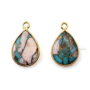Pink Opal Copper Turquoise Pear 12x16mm Gemstone Gold Plated 925 Sterling Silver Charm Connector, Briolette Stone Pendant Charms 2 Pcs Set