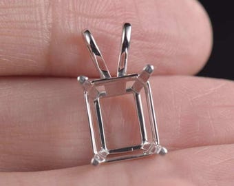 Solid 925 sterling silver pendant setting, empty prong mount, no stone, for square emerald cut, DIY jewelry finding