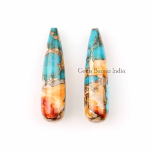 Spiny Oyster Copper Turquoise Briolette Drops: 9x30mm Gemstone Pair