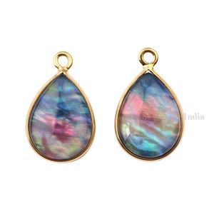 May include: Two gold teardrop-shaped pendants with iridescent blue, green, and pink abalone shell inlays.