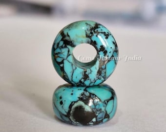 Kingman Turquoise Round bead European style charm 14 x 8 x 5 mm roundel faceted universal large hole big hole beads for bracelet 2 pieces