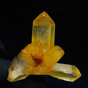 May include: A cluster of yellow citrine crystals with a pointed, clear crystal in the center. The crystals are translucent and have a slight orange hue.