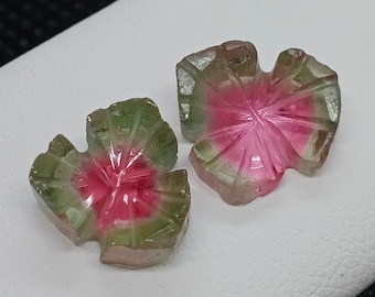 May include: Two pink, green, and clear tourmaline gemstones carved in the shape of a leaf. The gemstones are translucent and have a starburst pattern.