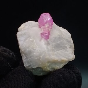 Op de afbeelding: Een close-up van een natuurlijk mineraal specimen. Een cluster van helder roze kristallen zit bovenop een witte, ondoorzichtige rots. De kristallen hebben een ruwe, onregelmatige textuur. De achtergrond is donker.