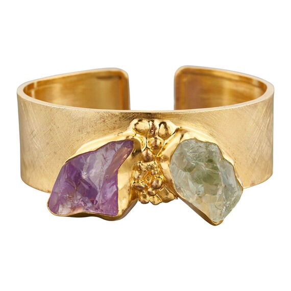 Gold Vermeil Raw Purple and Green Amethyst Wide Bracelet | Etsy
