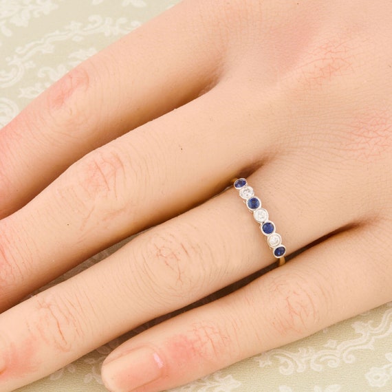 9ct Gold Sapphire & Diamond Eternity Ring | 9k Yellow Gold Sapphire and Diamond Ring | Cocktail Gold Dress Ring | Engagement Gold Ring