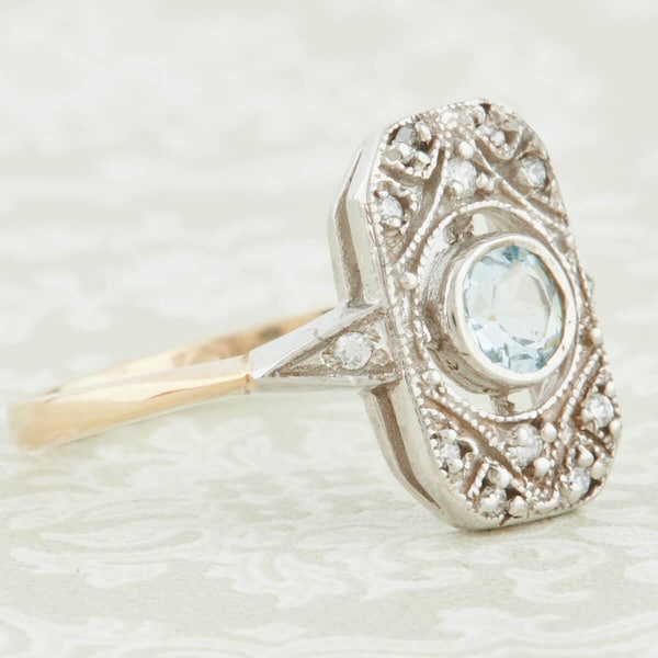 9ct Gold Aquamarine & Diamond Panel Ring | Art Deco Style 9k Gold Aquamarine and Diamond Ring | Cocktail Gold Dress Ring | Anniversary Ring