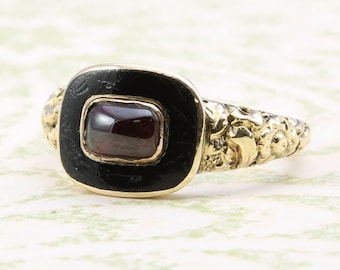 Antique Georgian 15ct Gold Garnet & Enamel Mourning Ring | 15k Gold Memorial Ring | Georgian and Victorian Jewellery