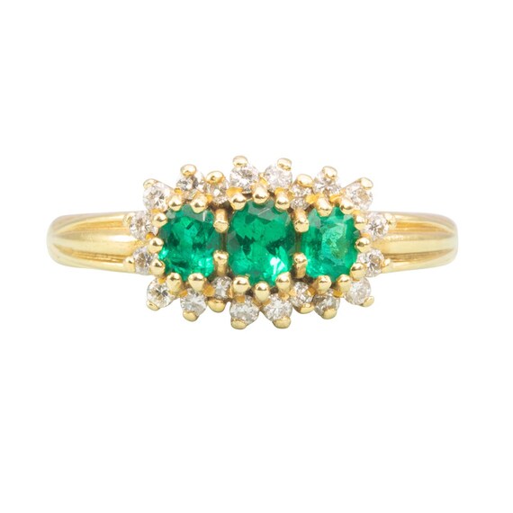 18ct Gold Emerald & Diamond Triple Cluster Ring |