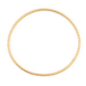 May include: A thin, circular bangle bracelet crafted from yellow gold. The surface of the metal features a continuous, repeating twisted rope texture that runs along the entire circumference of the circular band, creating a uniform, metallic finish.