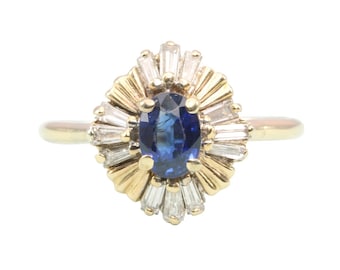 Sapphire & Diamond 14ct Gold Cluster Ring | Vintage Sapphire Ring | Art Deco Sapphire Ring | Vintage Sapphire Engagement Ring