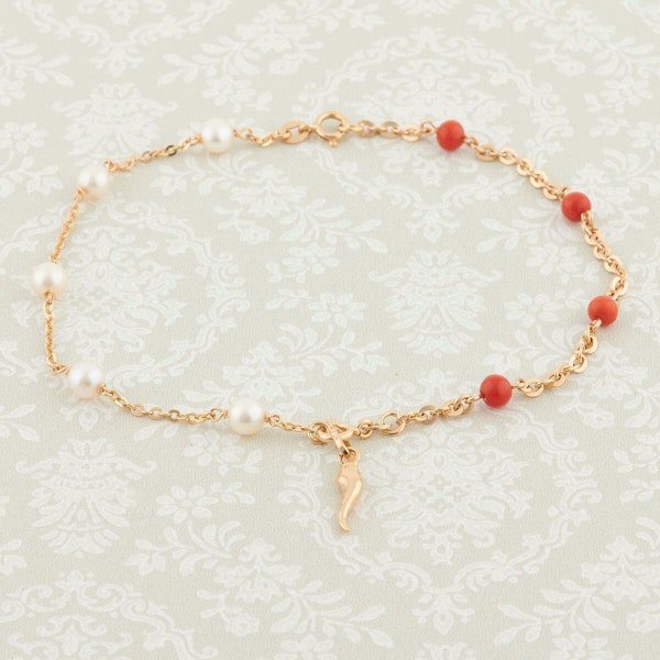 Second Hand 18ct Gold Coral and Pearl Anklet | Dainty 18k Coral and Pearl Anklet | Pre Loved Anklet With Horn Of Plenty Charm