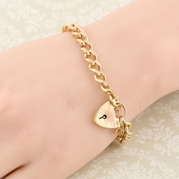 9ct Gold Charm Bracelet with Heart Padlock | Seco… - image 3