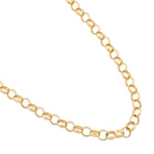 May include: A gold-colored chain necklace with a series of interconnected, circular links. The necklace is displayed against a white background, highlighting its polished finish and design. The chain is a classic jewelry piece.