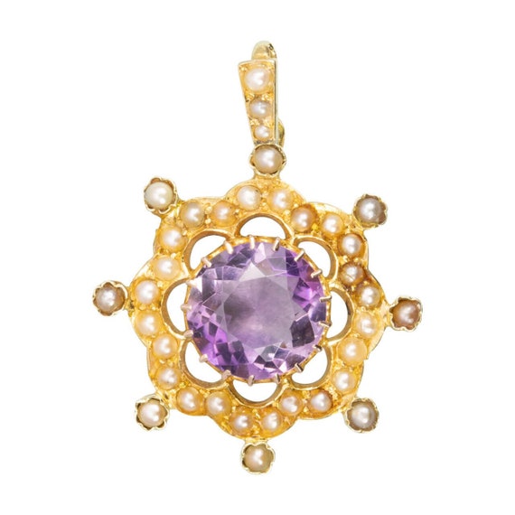Antique 15ct Gold Amethyst & Seed Pearl Circular P