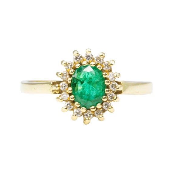 18ct Gold Emerald & Diamond Cluster Ring | Vintage