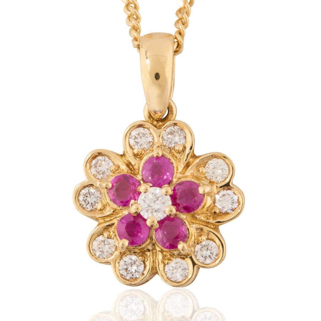 Second Hand 18ct Gold Ruby and Diamond Flower Pendant and Chain - Etsy