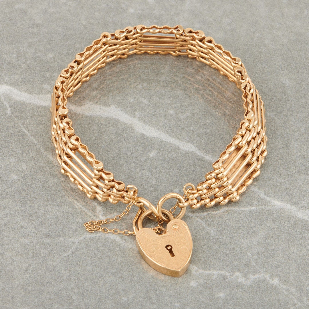 9ct Gold 5 Bar Gate Bracelet and Heart Padlock Vintage 9k Gold 5 Bar