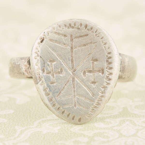 Medieval Silver Shield Signet Ring with Crosses