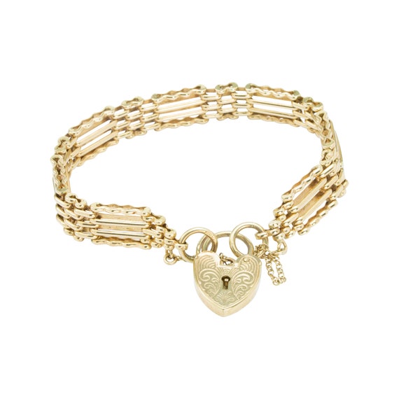9ct Gold 7” 4 Bar Gate Bracelet with Heart Padlock