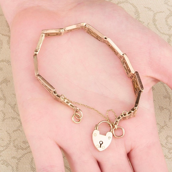 Vintage 9ct Gold Fancy Gate Bracelet 1930s to 1940s Solid Gold Bracelet with Heart Padlock Bracelets for Women