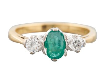 18ct Gold Emerald and Diamond 3 Stone Ring | Second Hand 18k Gold Emerald and Diamond Trilogy Ring | Vintage Emerald Engagement Ring