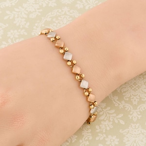 9ct 3 Colour Gold Square & Bead Bracelet