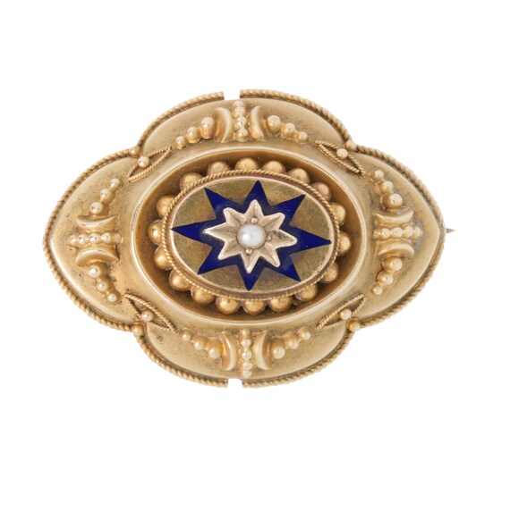 Antique Pearl & Enamel 9ct Gold Mourning Brooch