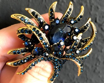 Broche florale en strass de cristal, broche bleue noire, bijoux de style vintage, cadeaux pour elle