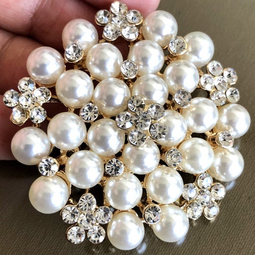Round Large Brooch Pin Pearl Brooch Rhinestone Brooch Pearl Etsy