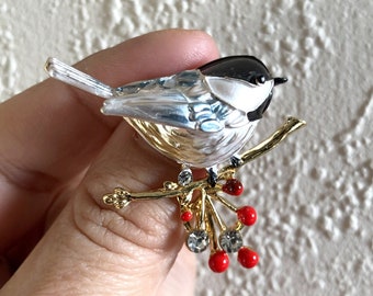 Bird Pin Brooch, Rhinestone Bird Jewelry, Gold tone Enamel Rhinestone, Small Bird Brooch, Gift For Women or Men