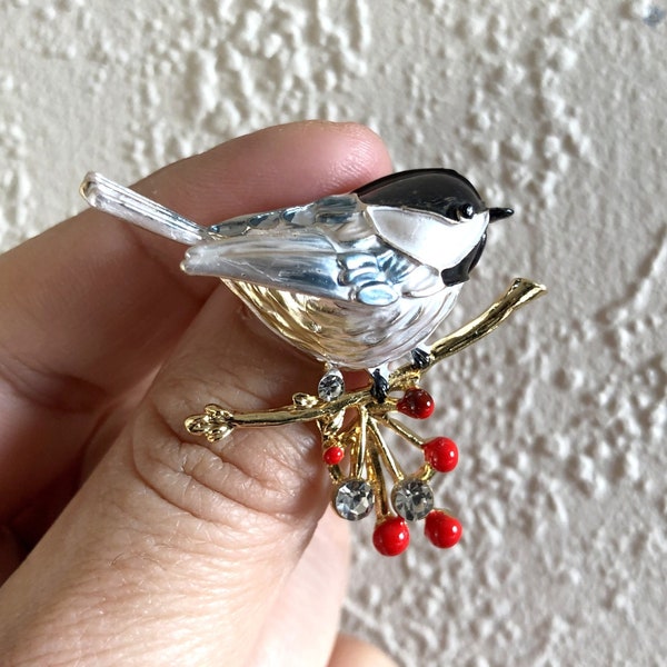 Broche oiseau, bijoux oiseau en strass, strass émaillé doré, petite broche oiseau, cadeau pour femme ou homme
