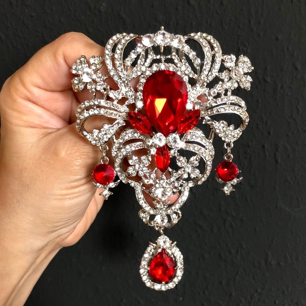 Large Crystal Rhinestone Jewelry Decorative Brooch Pin or Pendant, Red Vintage Style Jewelry, Gift