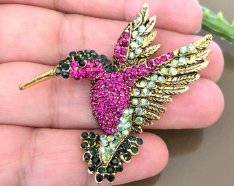 Broche Colibri, bijoux oiseau rose, broche en strass, cadeau pour femme