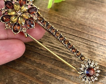 Art Deco Crystal Rhinestone Safety Pin Brooch for Clothing & Accessories, Floral safety pin, Gift