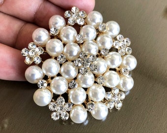 Round Large Brooch Pin, Pearl Brooch, Rhinestone Brooch, Pearl Jewelry