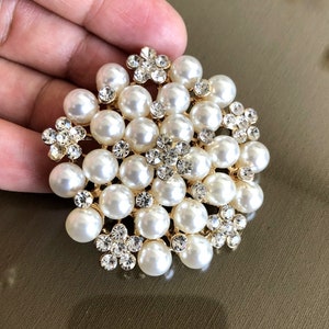 Round Large Brooch Pin, Pearl Brooch, Rhinestone Brooch, Pearl Jewelry