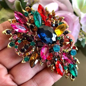 Large crystal rhinestone brooch, Kleurrijke brooch pin, Vintage style jewelry, Gifts for her 画像 1