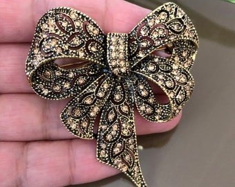 Large Rhinestone Bow Brooch Pin, Bow Brooch, Scarf Brooch Pin, Brooch for Shawl, Gold Decorative Bow Brooch, Gift