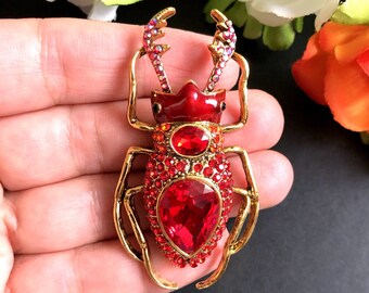 Broche o colgante de insecto escarabajo, broche de insecto de cristal, broche de insectos, broche de escarabajo rojo, broche de escarabajo grande, joyería de escarabajo, pasador de escarabajo, regalo